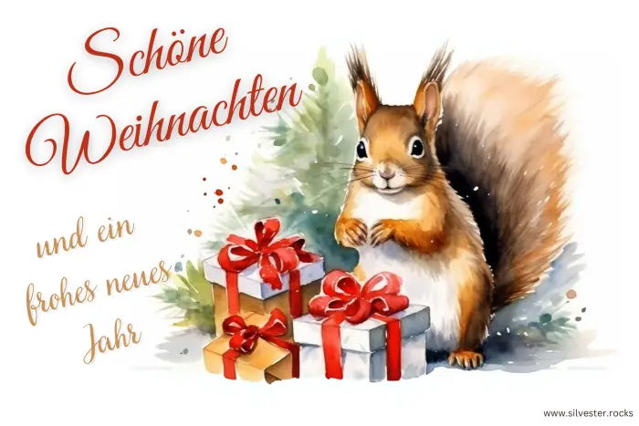 Eichhörnchen mit drei Geschenken und Baum im Hintergrund