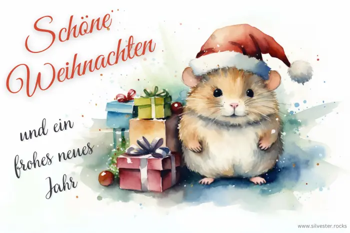 Hamster mit Mütze und einem Stapel Geschenken