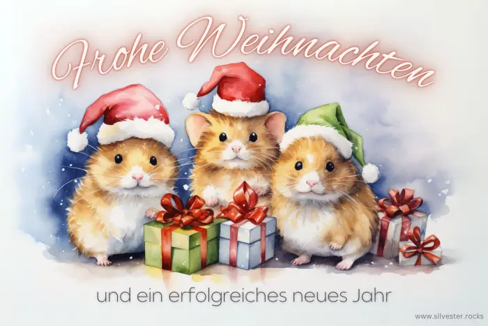 Drei Hamster mit bunten Mützen und Weihnachtsgeschenken