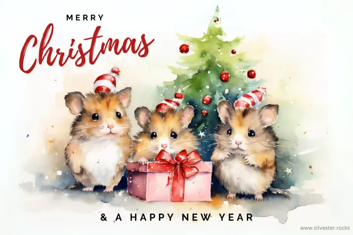 Hamsterfamilie mit großem roten Geschenk