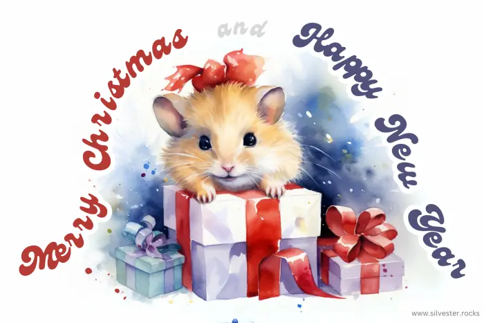 Niedlicher Hamster mit Schleife und drei Geschenken