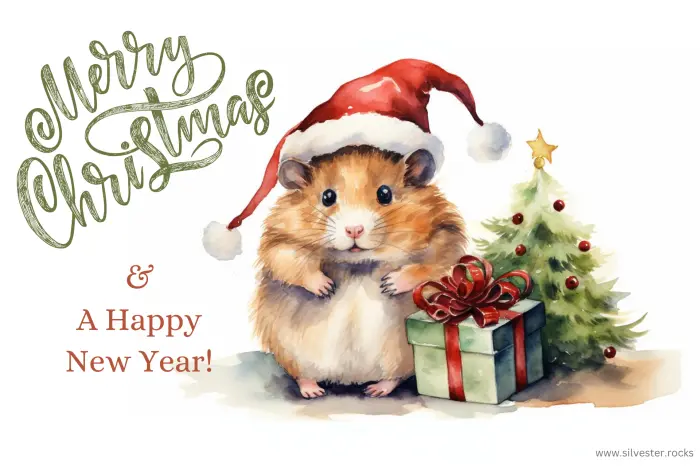 Hamster mit Weihnachtsgeschenk und geschmückter Tanne