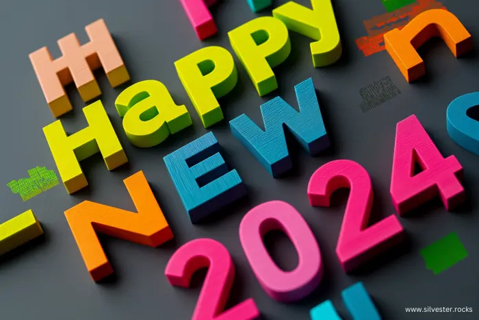 Happy New 2024 in bunten Buchstaben 3D