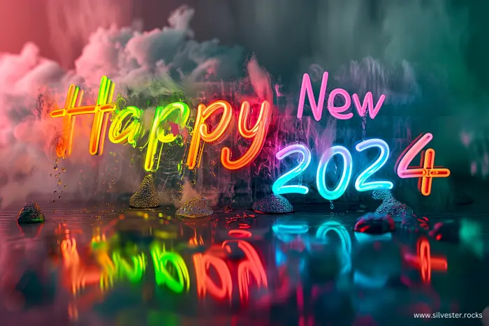 Happy New 2024 in regenbogenfarbener Neon-Schrift