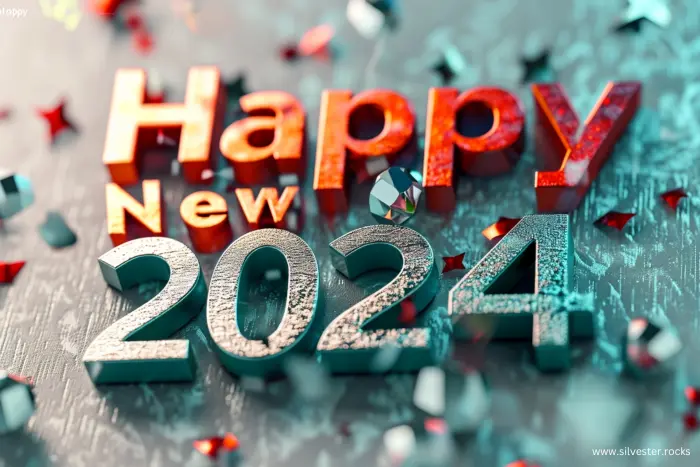 Happy New 2024 elegant in roter und silberner Schrift
