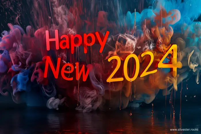 Happy New 2024 bunt mit Splash-Effekt und Rauch