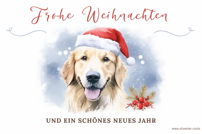 Golden Retriever mit Weihnachtsmütze, Aquarell-Gemälde