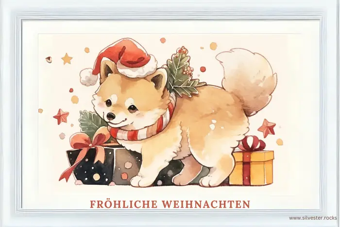 Bilderrahmen mit Samojeden-Hund und weihnachlicher Dekoration