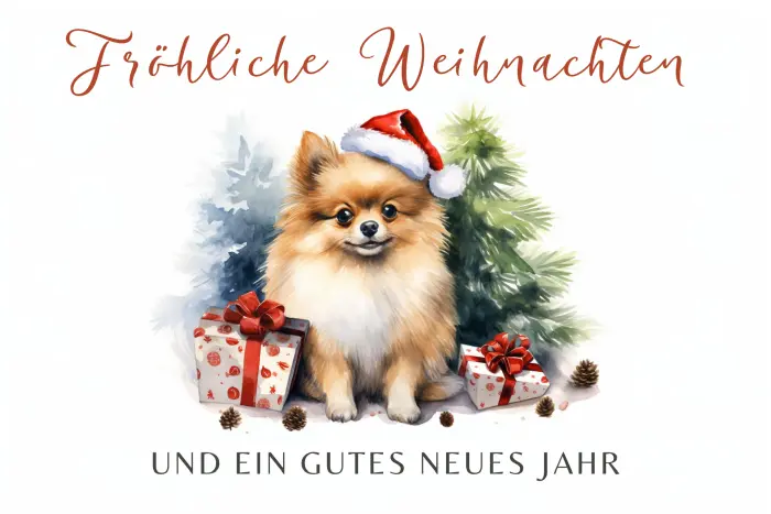 Aquarell mit Hund (Spitz), Tannenbaum und Geschenken