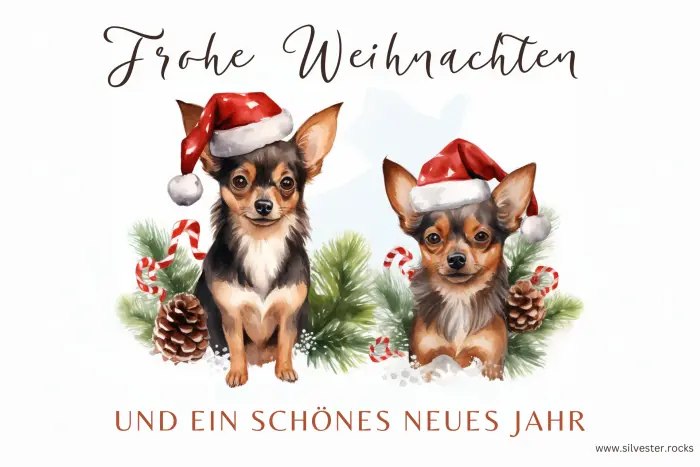 Wasserfarben-Gemälde mit zwei Chihuahuas mit Weihnachtsmützen