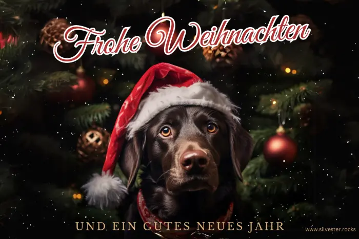 Hund mit Weihnachtsmütze und Weihnachtsbaum