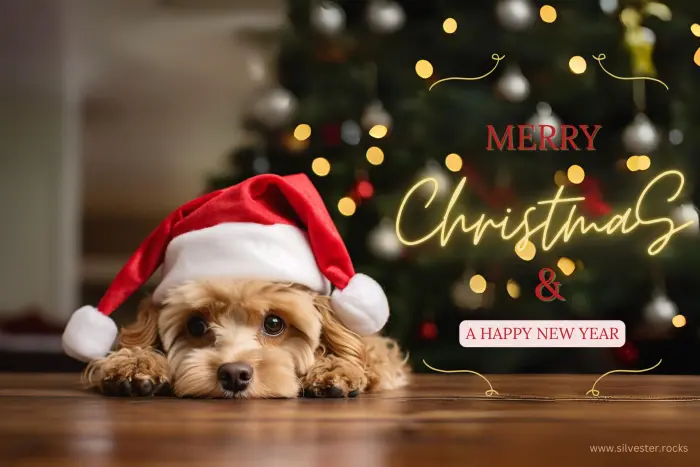 Liegender Hund mit doppelter Weihnachtsmütze