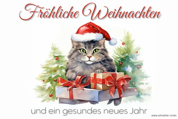 Weihnachtskatze mit Geschenken