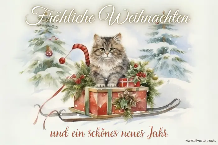 Katze mit Schlitten und Winterlandschaft