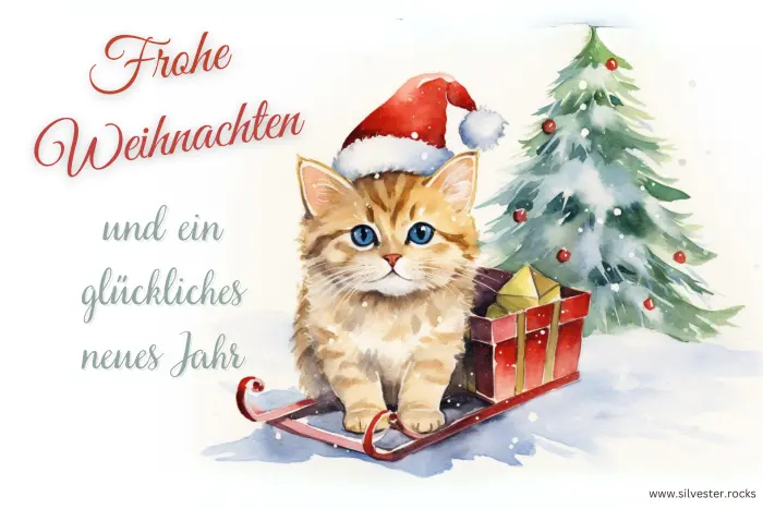 Hellbrauche Katz mit Schlitten und Tannenbaum