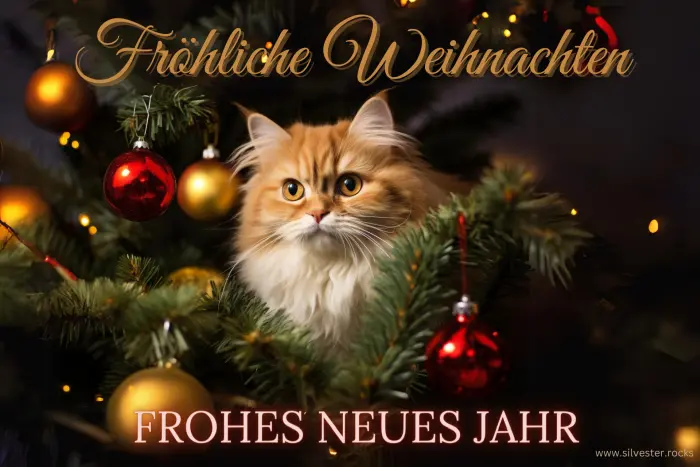 Hellbraune Katze im geschmückten Weihnachtsbaum