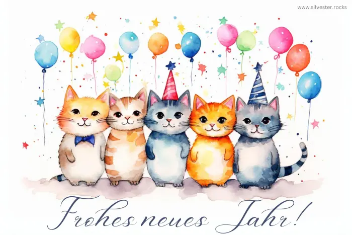 Stehene Katzen mit Luftballons und Silvesterdekoration