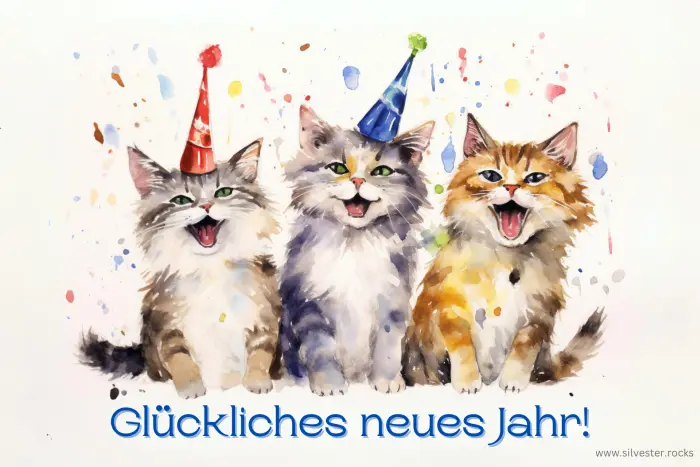 Drei lachende Katzen mit Partyhüten