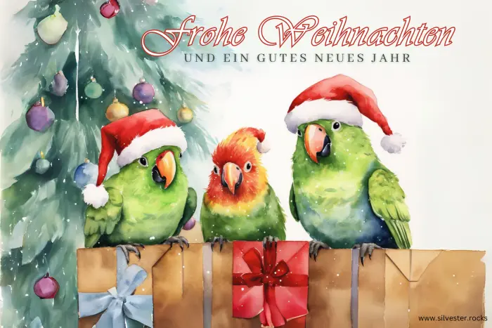 Drei Papageien und Weihnachtsbaum