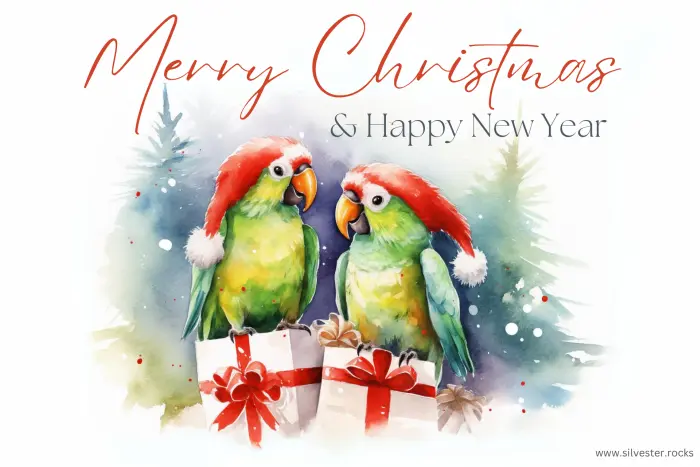 Zwei Papageien mit Weihnachtsmannmütze