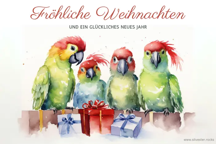 Vier Papageien mit Weihnachtsgeschenken