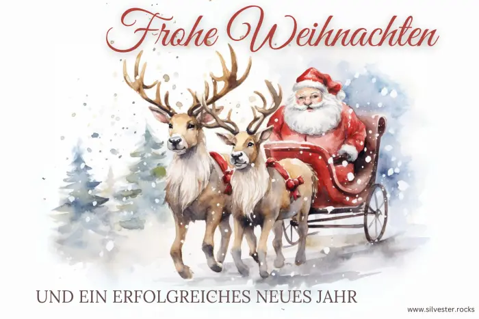 Rentiere mit Weihnachtsmann und Schlitten, helles Bild