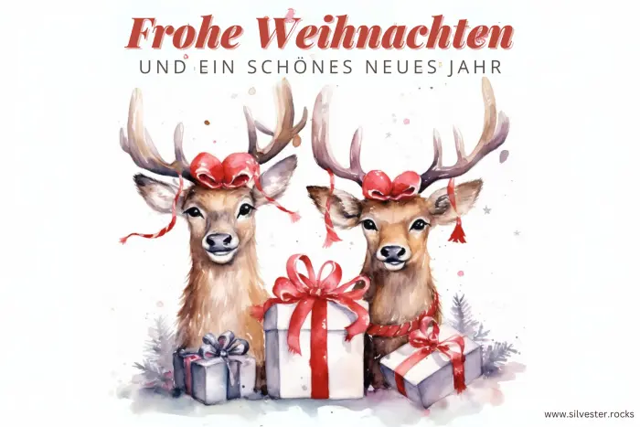 Zwei Rentiere mit roten Schleifen und Geschenken