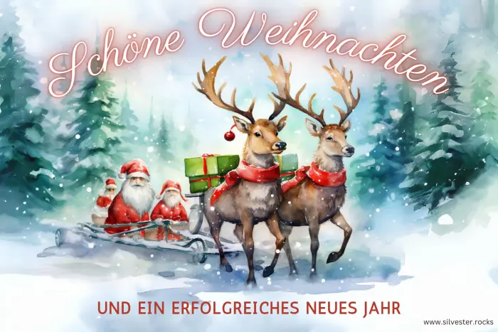 Rentiere mit Schlitten und drei Weihnachtsmännern