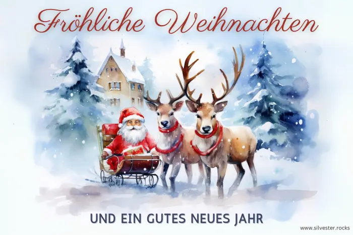 Zwei Rentiere mit Schlitten und Weihnachtsmann