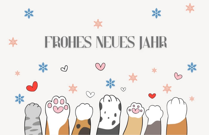 Sieben Katzenpfoten mit Frohes neues Jahr