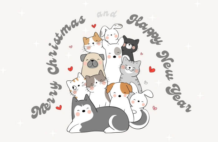 Merry Christmas and Happy New Year mit Katzen und Hunden