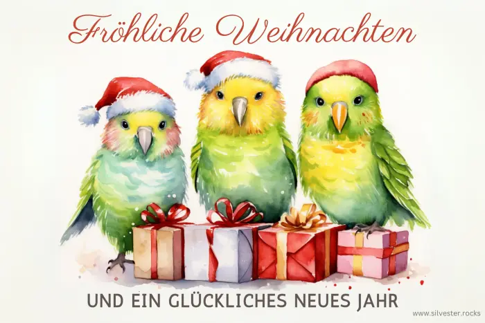 Drei Wellensittische mit Weihnachtsmützen