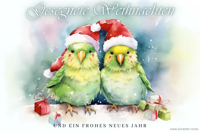 Zwei grüne Wellensittiche mit roten Weihnachtsmützen