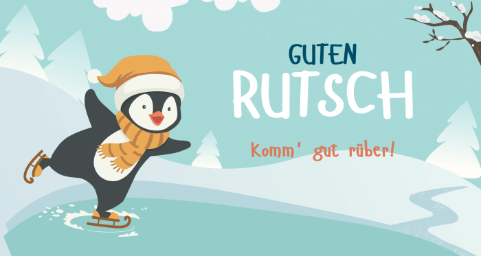 Guten Rutsch Grafik mit Pinguin auf Schlittschuhen