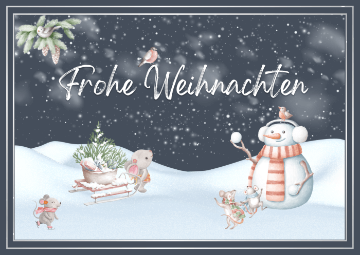 Frohe Weihnachten, Mäuse, Schlitten und Schneemann