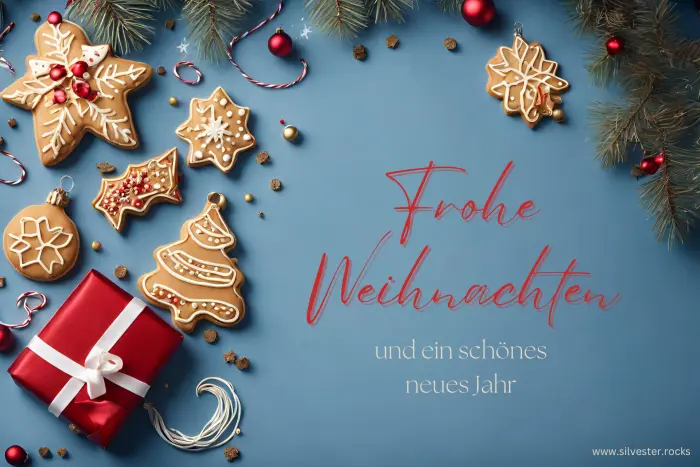 Schlichtes Weihanchtsbild mit Tannenzweigen, Weihnachtsgebäck und Geschenk